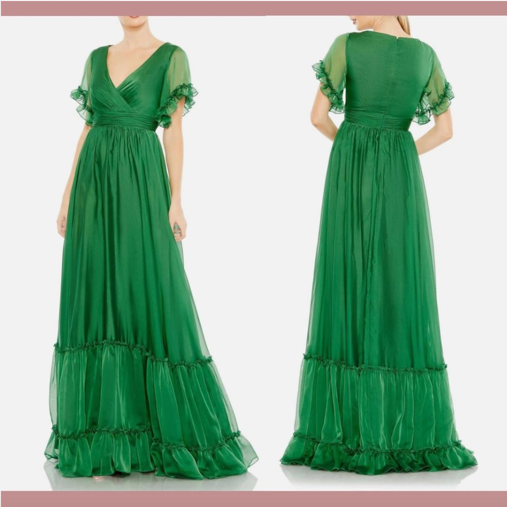 NEW $398 Mac Duggal [ 2 ] Butterfly Ruffle Trimmed A-Line‎ Gown in Green Q607